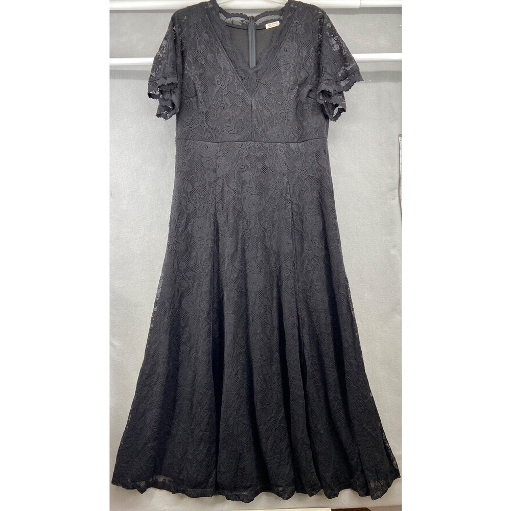 KIYONNA Dress Womens Size 1X Black Lace Overlay Long Maxi Short Sleeve Lined
